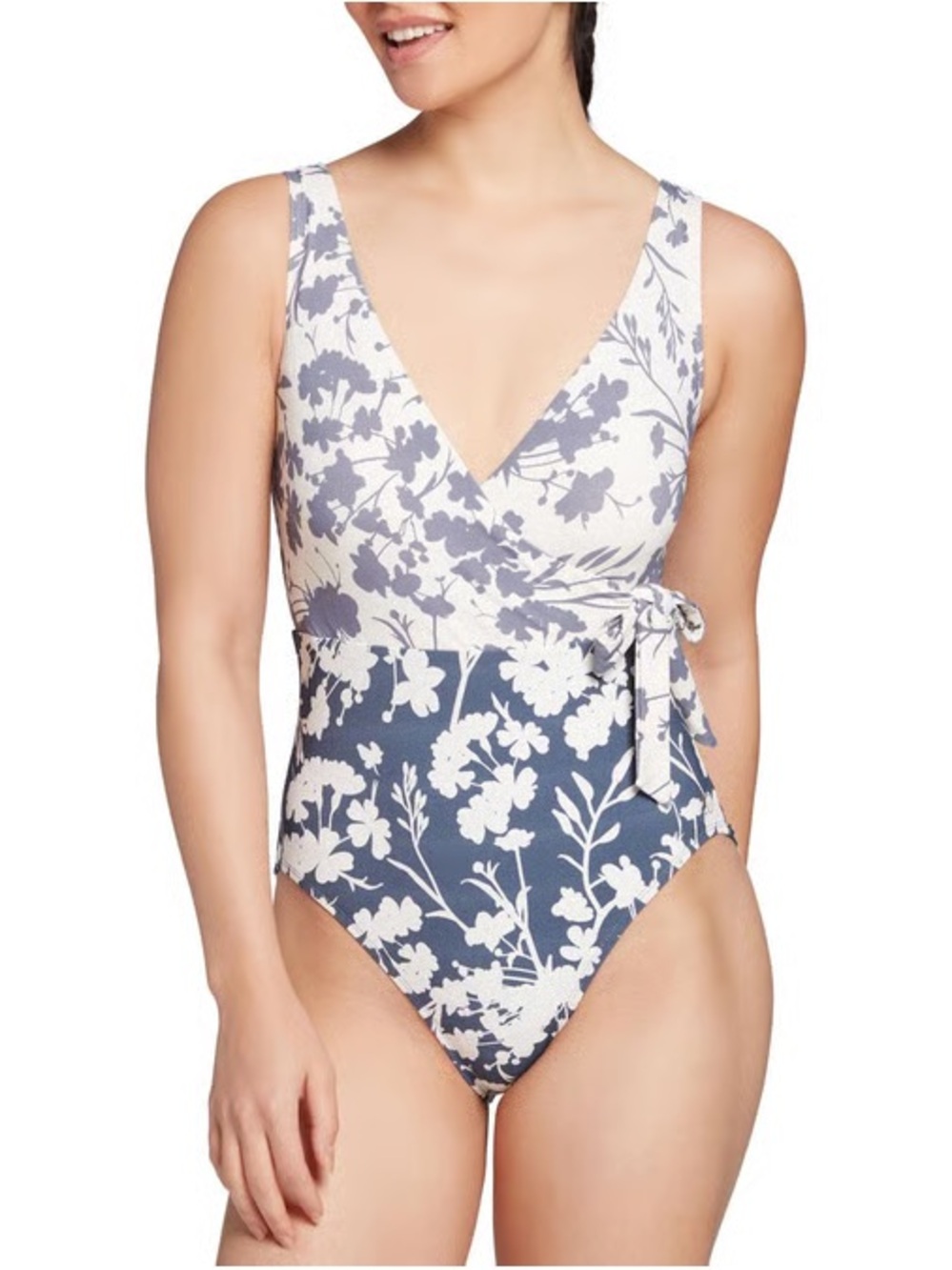 Calia Wrap Tie One Piece Swimsuit Floral Pristine Size 6 Floral Wrap Blue White
